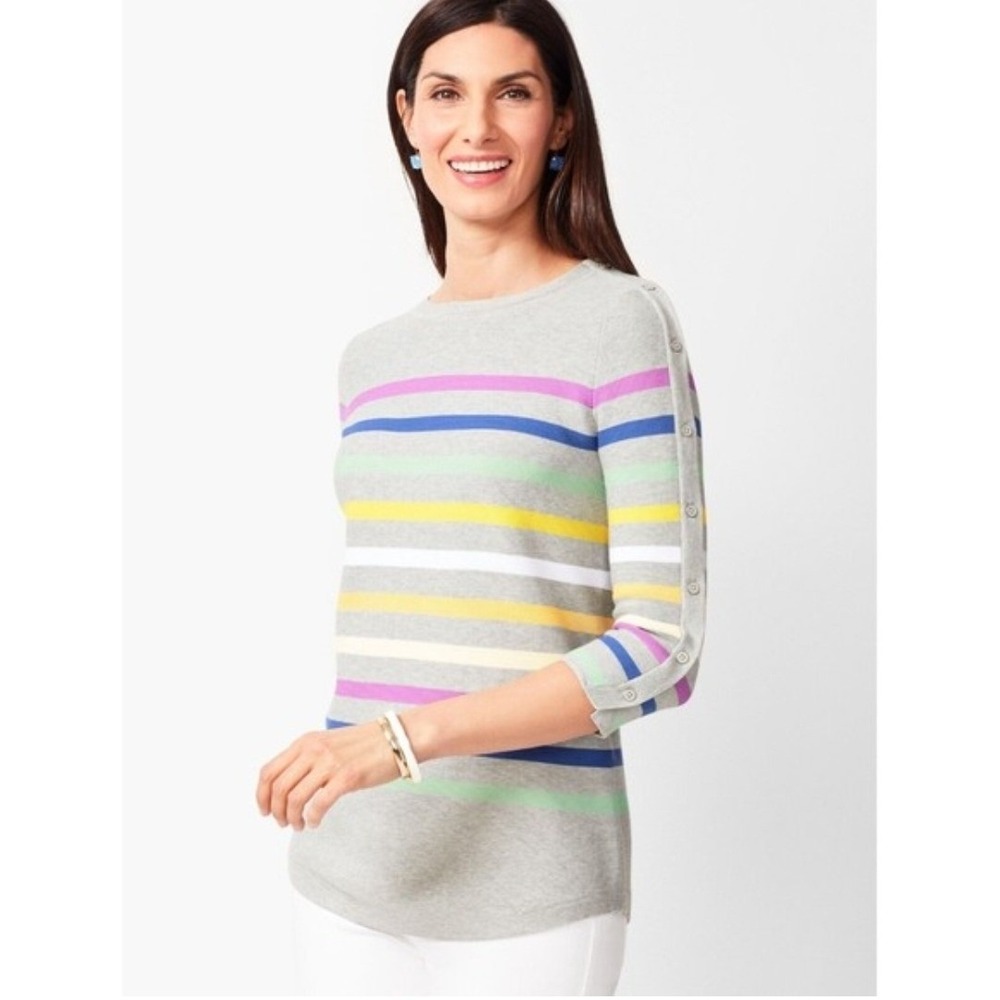 Talbots Striped Cotton Knit Sweater XL Gray Multi Color Button Sleeve Preppy EUC